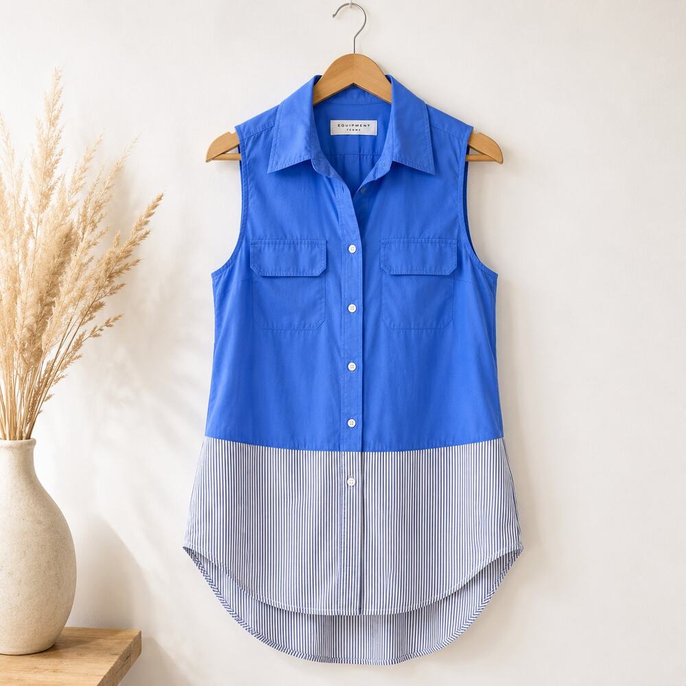Equipment Femme Signature Sleeveless Blouse Blue Stripe Hem Small 100% Cotton